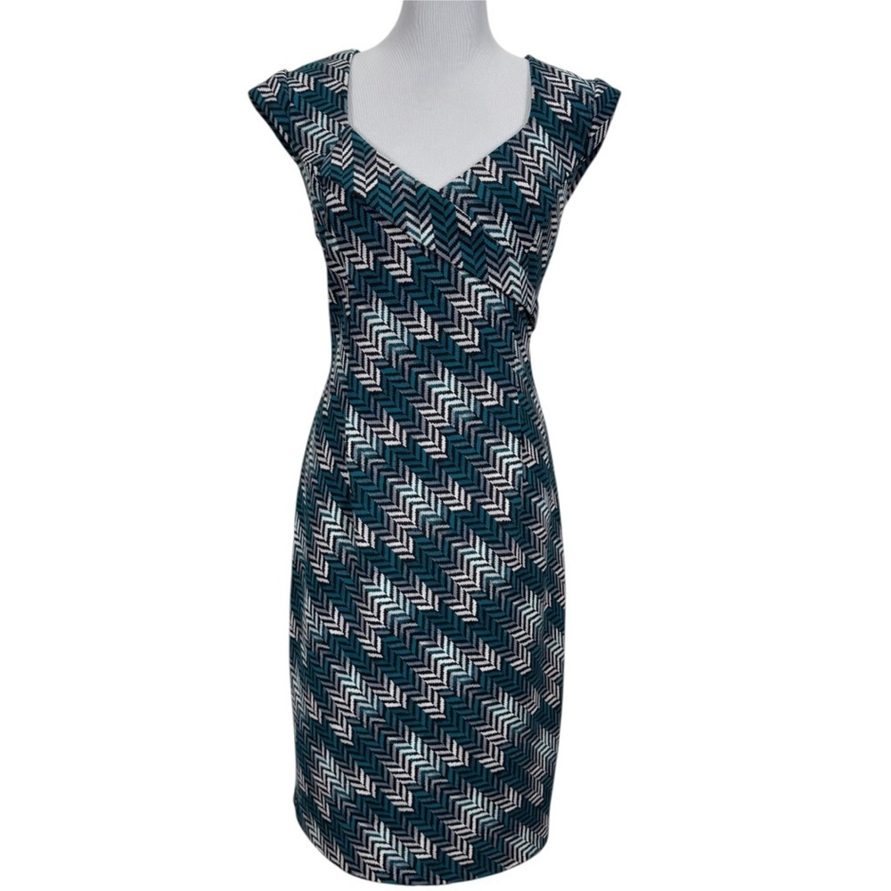 White House Black Market Geometric Wrap Sheath Dress Size 14 Teal Black White